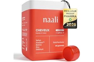 Naali Cheveux – Gummies Pousse Cheveux & Anti-Chute – Safran, AnaGain™, Biotine, Zinc, Sélénium – Fortification – Compléments alimentaires – 60 Gommes Sans Sucre – Goût Framboise – Cure 1 Mois