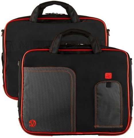 Red Pindar Ultra Durable 17 inch Tactical Messenger bag for your Dell Inspirion 17R Red Ultrabook with Extra Features: Reinforced durable constructions, Velcro charging port to charge without removing device, extra pockets for charger and Apple sized tablets or eReaders, Unique pull down Smartphone &amp; MP3 front pocket with earphones slot, and Tuck Away Handles!!! + Universal Compatible Earbuds