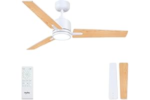 Newday Ventilatore da Soffitto Legno e Bianco, 122cm Ventilatore da Soffitto con Luce e Telecomando Silenzioso, Pale da Soffitto con Luce Dimmerabile, Ventola Soffitto Réversible per Camera da letto
