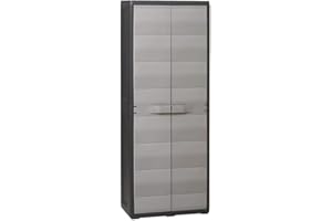 Armoire de jardin haute, armoire d'extérieur avec 3 étagères réglables, armoire de rangement en plastique 65 x 38 x 171 cm, noir et gris