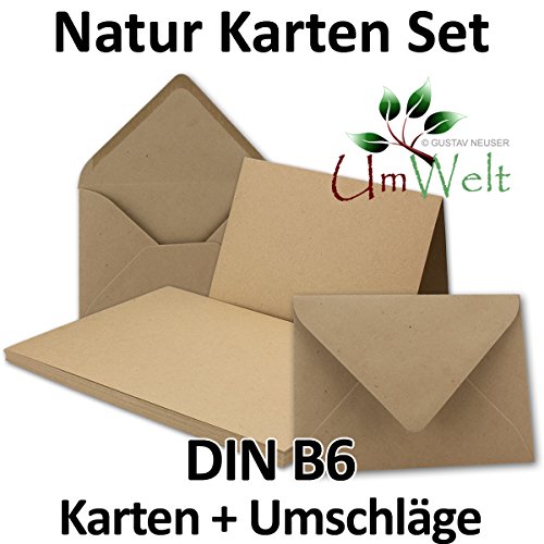 DIN B6 Faltkarten SET aus Kraft-Papier in sandbraun | 50 Sets | Doppel-Karten & Briefumschläge aus Recycling-Papier | bedruckbare Natur-Postkarten in DIN B6 Format | ideal für Weihnachten, Grußkarten und Einladungen | Serie UmWelt - 2