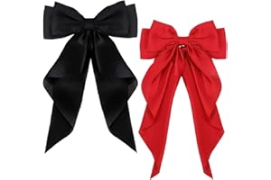 ZEVONDA Pack of 2 Big Bow Hair Clips - Solid Color Large Bowknot Hairpin Hair Clip with Long Silky Satin Tail Hair Barrettes Accessories for Girls Women, Black + Red
