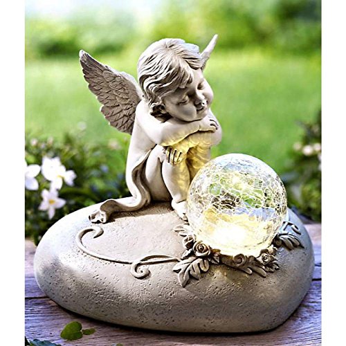 Solar Engel Gabriel aus Kunststein und Glaskugel LED Leuchte und Solarpanel NEU