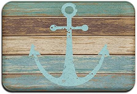 QIFAN Vintage Retro Rust Anchor Flannel Microfiber Bathroom Rug - Turquoise And Brown Non-slip Soft Absorbent Kitchen Floor Bath Mat Carpet