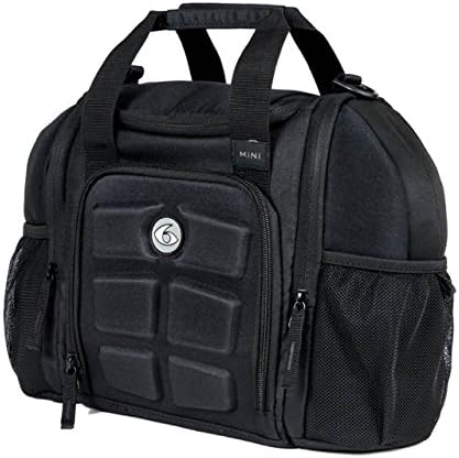 6 Pack Fitness Innovator Mini, Meal Prep Bag for 3 Meals, Gym Meal Management Bag, Lunch Cooler Bag, Insulated Food Storage Bag, Comes With 1 large and 1 med Gel Pack, 3 -20 oz.Sure Seal containers, ergonomic shoulder strap and 1 sports nutrition container (Stealth)