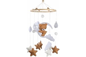 QINGZY Baby Mobile aus Filz & Holz für Babybett – Schlummernder Bär, handgemacht, Montessori Hängemobile, Sensorisches Spielzeug für Neugeborene, Kinderzimmer Deko, Geschenk zur Babyparty (Braun)