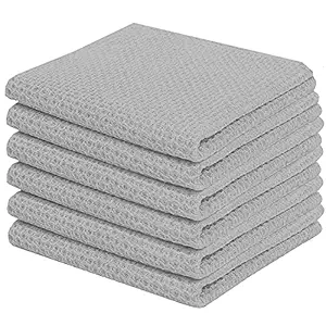 Waffle Weave Kitchen Towel-6 pcs Light Grey-40x40 cms-100% Cotton-Thick Lint & Streak-Free-Cotton Towels Multi-Purpose Wash Cloth for Kitchen,Car Bike Cleaning Polishing Washing & Detailing