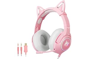NIC IS COCNG Auriculares Rosa Para Juegos, Auriculares con Extraíbles Orejas De Gato, Wireless Headphones Para Juegos Con Sonido Envolvente 7.1 Con Reducción De Ruido Ajustable, Luz Led, Micrófono Retráctil ﻿