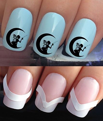 NAIL DECALS WATER TRANSFERS STICKERS ART SET #329 &amp; 172. **plus x48 nail tip guides!!** x24 PRETTY NIGHT FAIRY SAT IN MOON CRESCENT BLOWING DUST TATTOO WRAPS &amp; x48 FRENCH MANICURE TIP GUIDES! CAN BE USED WITH NATURAL GEL ACRYLIC STICK ON NAILS! OR WITH GLITTER DUST CAVIAR BEADS ALLOYS DECORATIONS CONFETTI FIMO SHAPES TAPE PENS RHINESTONES!