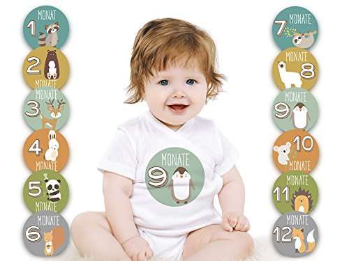Baby Monatsaufkleber für das 1. Lebensjahr (Deutsch) - Tiermotive
