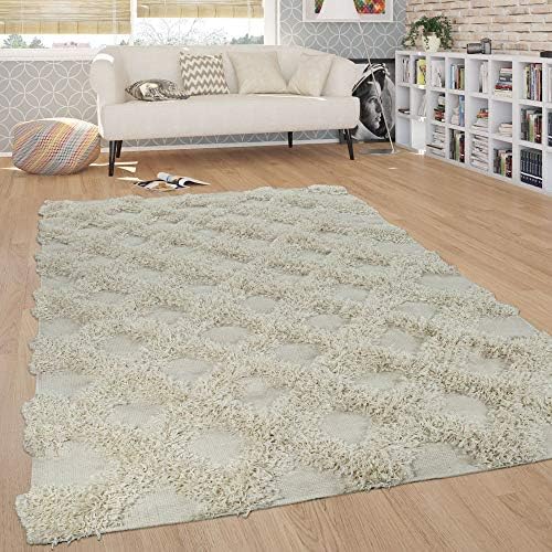 Paco Home Rug Living Room Shaggy High Pile Rhombuses Diamonds Scandinavian in Monochromatic Cream, Size:80x150 cm