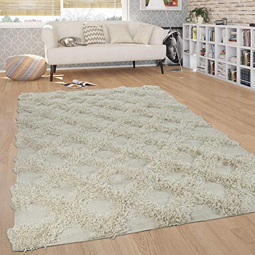 Paco Home Rug Living Room Shaggy High Pile Rhombuses Diamonds Scandinavian in Monochromatic Cream, Size:80x150 cm