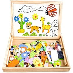 Puzzles Enfant en Bois Magnétique, COOLJOY Jigsaw avec Tableau Noir de Chevalet à Double Face Jouets Educatif pour Bambin Enfants Fille 3 Ans 4 Ans 5 Ans - 100 Pièces (Animaux)