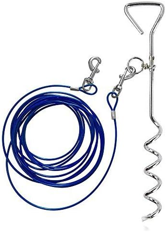 Dog Tie Out Cable, AMGlobal Dog Tie Out Carbon Steel Stake, and 16 ft Complete Leash and Tether Spiral Tie-Out Up to 60 Pound for Outdoor, Yard and Camping - Small to Medium Dogs by AMGLOBAL