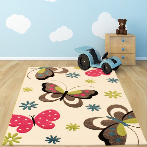 Kinder Teppich Schmetterling Design Pink Grün Blau Grau Creme, Grösse:120×170 cm - 5