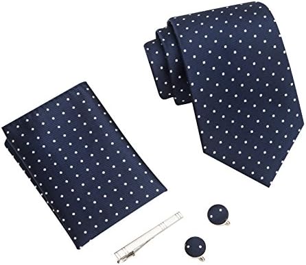 Men tie, Handkerchief, stickpin and Cufflinks fashion business gift box tie set (Dark blue with white dots)