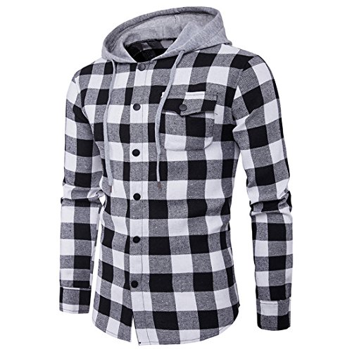 Preisvergleich Produktbild F.Lashes Herren Hemd Kapuzenpullover Langramshirt Herbst Frühling Kapuzenhemd Freizeithemd Slim Fit(EU XS (Asien M), Schwarz Weiß)