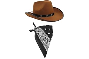 I LOVE FANCY DRESS Adults Cowboy Accessory Set - Pack of 1 - Brown Star Studded Cowboy Hat and Black Paisley Bandana - Wild West Western Sheriff Fancy Dress Costume Accessory Set