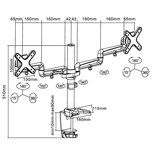 PureMounts PM-STYLE-DM-23D Schreibtisch Halterung für 2 Monitore bis 71cm (28 Zoll), schwenkbar, neigbar, drehbar VESA 100, Armlänge: 2x32cm - 7