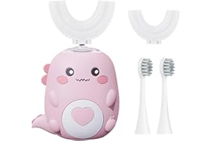 Hojalis Kids Electric Toothbrush, 360° Ultrasonic Toothbrush with 2 U-Shaped Silicone Brush Heads & 2 Straight Brush Heads, 3 Speeds & IPX7 Waterproof, Dinosaur Toothbrushes for Kids Age 2-12 (Pink)