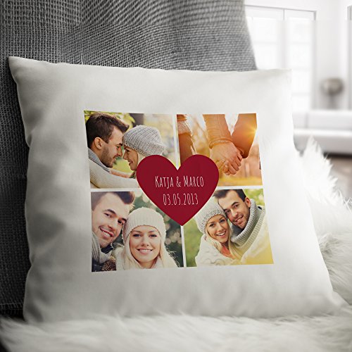 Personello® Fotokissen (40×40) mit 4 Fotos, Wunsch-Namen und Datum im Herz gestalten, Kissen mit Fotos bedrucken, mit Füllung, Geschenk zum Jahrestag, Fotogeschenk - 2
