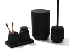 AJEUNGAIN Juego de Baño Accesorios Completo, Set de Baño Moderno - Dispensador de Jabón, Soporte Cepillo de Dientes, Cubos de Basura para Baño, Escobillero, Bandeja para Organizar (Negro-5 Piezas)
