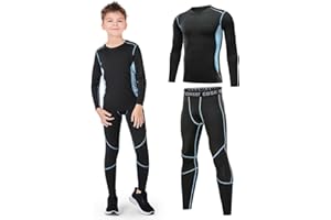 Leeboom Base Layer Kids Winter - Long Sleeve Top & Matching Bottoms, Skins for Boys Warm Kids Base Layer Football Compression Set for Football Basketball Ski