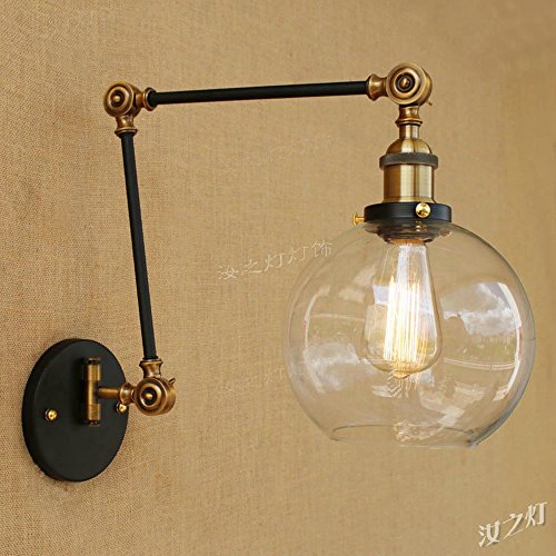 Preisvergleich Produktbild Lithx Industrielle Verstellbare Swing Arm Wandleuchte Schwarz Eisen Metall Wand Leuchte Transparent Glas Lampenschirm Wandleuchte für Lager Garage Keller Bar