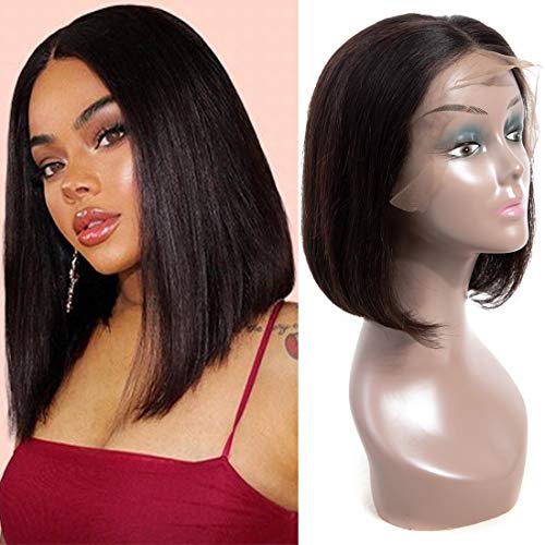 Short Bob Human Hair Lace Front Wig 10A Brazilian Virgin Straight Human Hair Bob Wig for Black Women Glueless Lace Front Wig Natural Color (10 inches)
