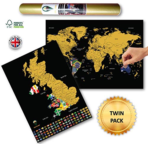 Global Walkabout - Mappa del Mondo e del Regno Unito da grattare, con Sfondo con bandierine, Formato da Viaggio, Nero, 16.5 x 11.7 Inches