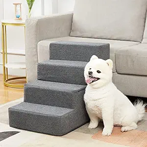 Pawque Pet Stairs & Steps for Dogs Cats Holds up to 100lbs, Dog Steps for High Bed Couch, Shock Absorbing Foam with High-Strength Boards for Pet Safe, Non-Slip Removable Washable Cover, 4-Step Grey