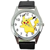 taport Pikachu Pokemon RUND Quarzuhr schwarz Leder Band + Gratis Ersatz Akku + Geschenk Tasche