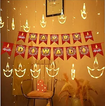 DesiDiya Warm White Diya/Diwali Light Curtain, String Lights with 12 Hanging Diyas, 8 Flashing Modes, Decoration Lighting, Festive Home Decor