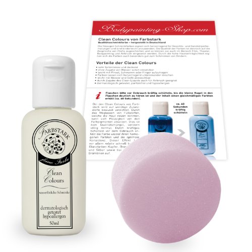 Farbstark Bodypainting Farben - hautfreundliche Körperfarbe in Profi Qualität (auch für Airbrush geeignet), Set: 50 ml Farbe Weiß + Schminkschwamm