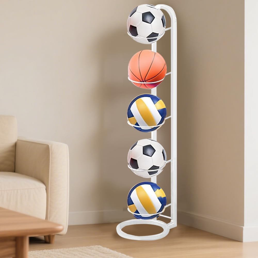 Kleemeiero Soporte para Balones de Baloncesto, Soporte Pelota Baloncesto Vertical de 5 Niveles, Estante de Bolas de Metal, Estante de Almacenamiento de Pelotas para Baloncesto, Fútbol y Voleibol