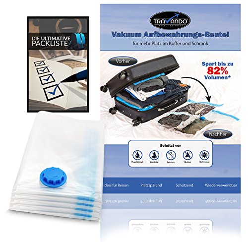 Travando ® Premium Vakuumbeutel [ 4 Stück ] – Platzsparende Aufbewahrungsbeutel in 3 verschiedenen Größen mit Staubsauger oder Aufrollen, Reisebeutel für Kleidung, Gepäck + Gratis Packliste