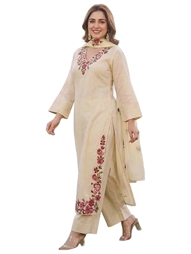 Buy ANNI Designer Women's Viscose Blend Straight Embroidered Kurta with Palazzo and Dupatta (MUKTA Cream_XL_Cream_X-Large) at Amazon.in