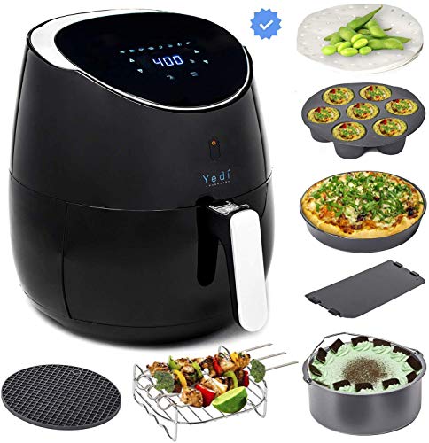 Yedi Total Package Ceramic Air Fryer XL, 5.5 Liters, Ceramic Deluxe Accessory Kit, Recipes, Black