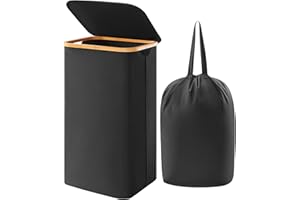 Lifewit Kosz na pranie z pokrywką, kosz na ubrania z bambusowymi uchwytami i zdejmowanym workiem na pranie, duży składany kosz na pranie do sypialni, łazienki, akademika, pralni, czarny