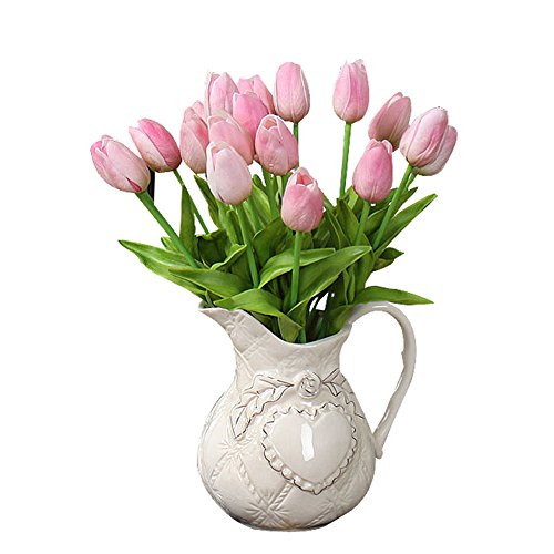 10 Stück JUYUAN-EU Tulpe künstliche Blumen mit Blätter Dekoriere Kunstblumen Latex Real Touch Bridal Wedding Bouquet Home Decor Hell Rosa - 3