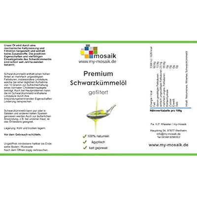 my-mosaik Schwarzkümmelöl 100% naturrein, kaltgepresst, gefiltert, ägyptisch reich an mehrfach ungesättigten Fettsäuren…