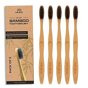 Mirakia Bamboo Charcoal Toothbrush Natural Wooden ECO Friendly Toothbrush For Adults, Kids with Soft Medium Bristles (5)