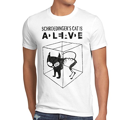 style3 Gato de Schrödinger Camiseta para Hombre T-Shirt Sheldon, Talla:XL;Color:Blanco
