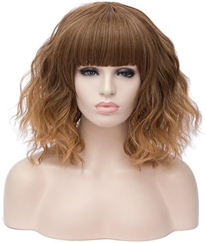 Priomix Harajuku 35cm Short Curly Anime Cosplay Wig Daily Basic Party Dress Up Wig Hair Heat Resistant Fiber High Quality Breathable Hairnet Wig +Wig Cap (Brown Ombre Brow-Skimming Bangs)