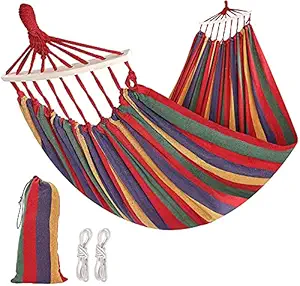 Frixen Outdoor Camping Canvas Fabric Portable Garden Hammocks Striped Ultralight Outdoor Beach Swing Bed with Strong Rope, Swing for Garden