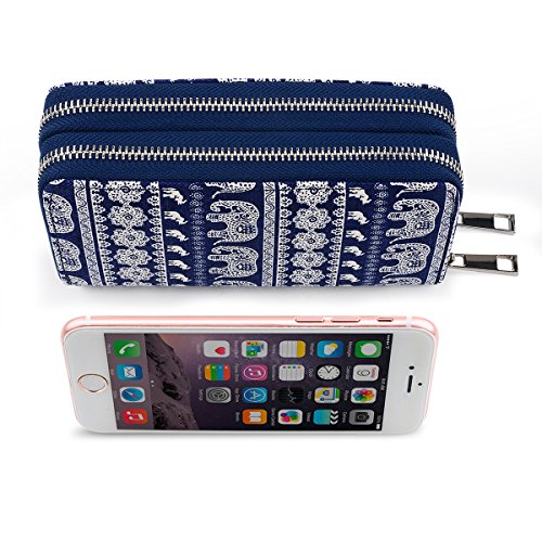 Te-Rich Double Zipper Wallet Phone case Canvas Coin Purse Clutch Bag Elephant Pattern Card Holder with Mobile Phone Holder Sucker Cup And Coin Pocket
