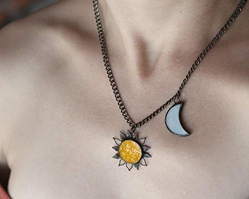 Metal Glass Sun Moon Couples Necklace on Chain, Solar symbol, Artkvarta jewelry