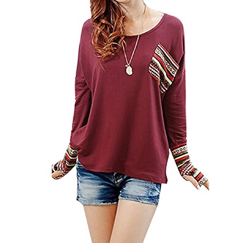 Minetome Women Plaid Checked Long Sleeve Round Neck Loose Shirt Blouse Tops ( Red )