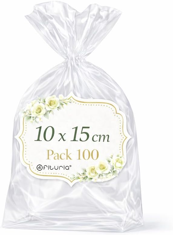 Ofituria Bolsas Celofán Transparente 10 x 15 cm, Bolsas Transparentes para Chuches y Regalos – Bolsas Plastico Transparente para Cumpleaños Infantiles, Galletas y Detalles, 1 Pack (100 Bolsas)