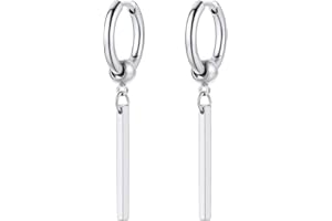 PROSTEEL Boucles d'Oreilles Homme, Créoles 12mm avec Pendantes Barres en Acier Inoxydable/Plaqué Or/Noir, Hip Hop Drop Earring, Style de Rue